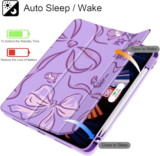 Mektron Case for iPad Pro 11 inch (4th, 3rd, 2nd & 1st Gen) 2022 2021 2020 2018, Buit in Pencil Holder with Shockproof Cover Clear Shell + Auto Wake/Sleep, Flowers-Bows-Purple