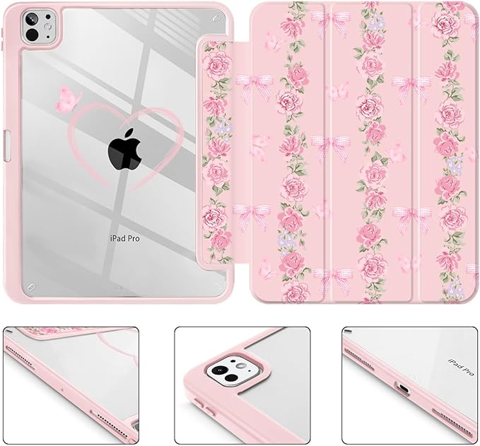 May Chen Case for iPad Pro 11-Inch M5/M4 2025/2024 (6th/5th Generation), [Penceil Holder] Trifold Stand Auto Wake/Sleep Clear TPU Protection Back Cover, Bow & Rose Flower