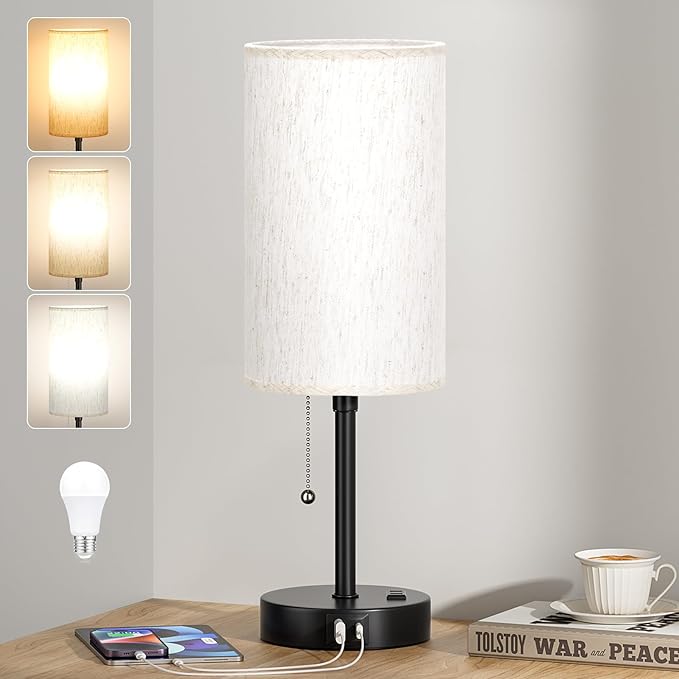 PartageiZ Pull Chain Table Lamp for Bedroom - 3 Color Temperatures, USB A + C Charging, AC Outlet, 17.4 inch Tall Bedside Lamp with E26 LED Bulb