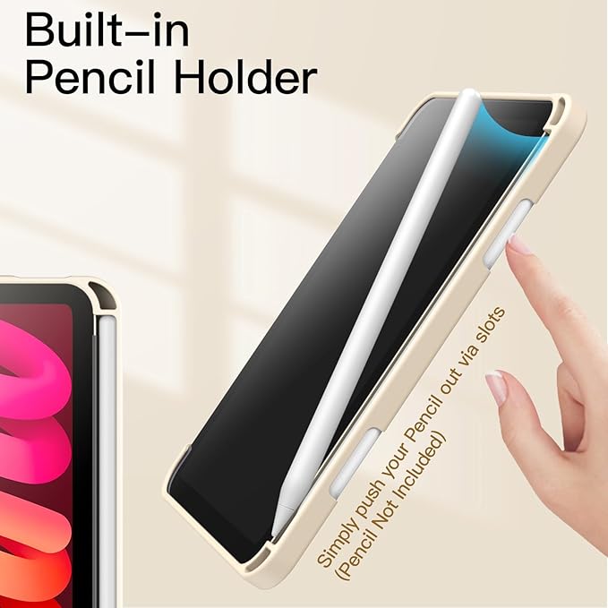 JETech Case for iPad mini (A17 Pro, 2024 Model, 7th Generation) / mini 6 (2021 Model, 6th Generation) with Pencil Holder, Clear Back Shell Slim Stand Tablet Cover, Auto Wake/Sleep (Starlight)