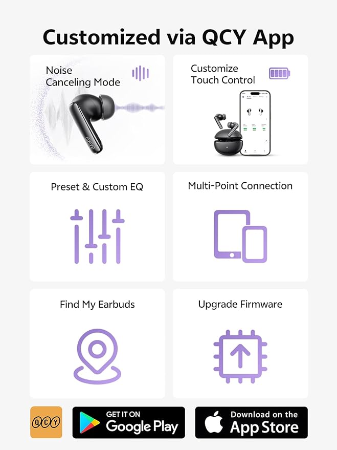 QCY MeloBuds N70 Aadptive Hybrid Active Noise Cancelling Wireless Earbuds, Bluetooth 6.0 with 6 Mics Clear Call, LDAC Hi-Res Audio, 50H Playtime, Wireless Charging, IPX5 Waterproof