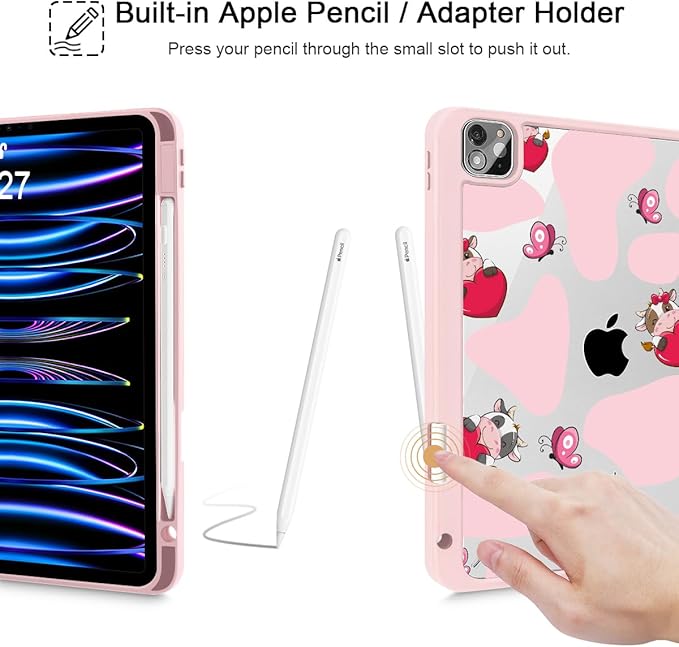 Mektron Case for iPad Pro 11 inch (4th, 3rd, 2nd & 1st Gen) 2022 2021 2020 2018, Buit in Pencil Holder with Shockproof Cover Clear Shell + Auto Wake/Sleep, Butterfly Cow