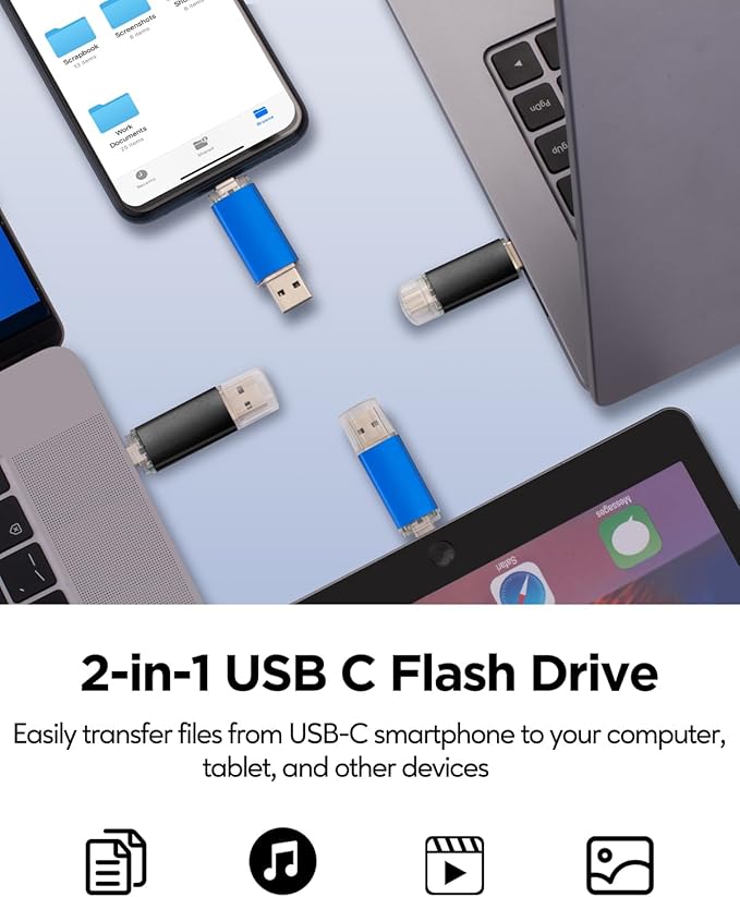 AreTop 32GB USB C Flash Drive USB 2.0 Dual Thumb Drive 32GB USB Drive 2-in-1 Portable Type-C Memory Stick for iPhone 16/15, Android Smartphone, Computers, MacBook, Tablets, 2 Pack, (Black & Blue)