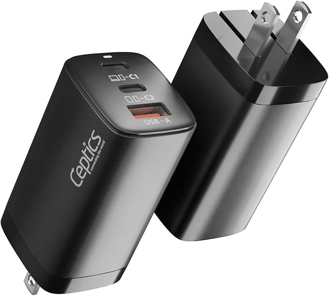 Ceptics USB C Wall Charger, 65W 3 Port PD 3.0 Ultra Compact Charger [GaN Tech], Quick Type C Charge Adapter - Small USB + Dual USB-C - USB Wall Charger for MacBook, USB C Laptops, iPad, iPhone, Galaxy