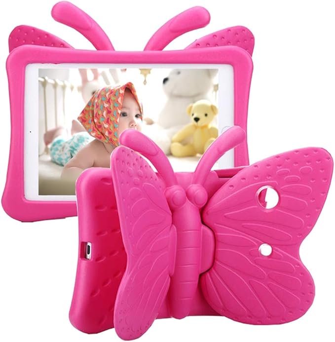 iPad 9th 8th 7th Generation Case Kids Girls, Cute Butterfly Shockproof EVA Foam Super Protection Stand Cover for iPad 2021 2020 2019 10.2" and iPad Air 3 Pro 10.5" - Rose