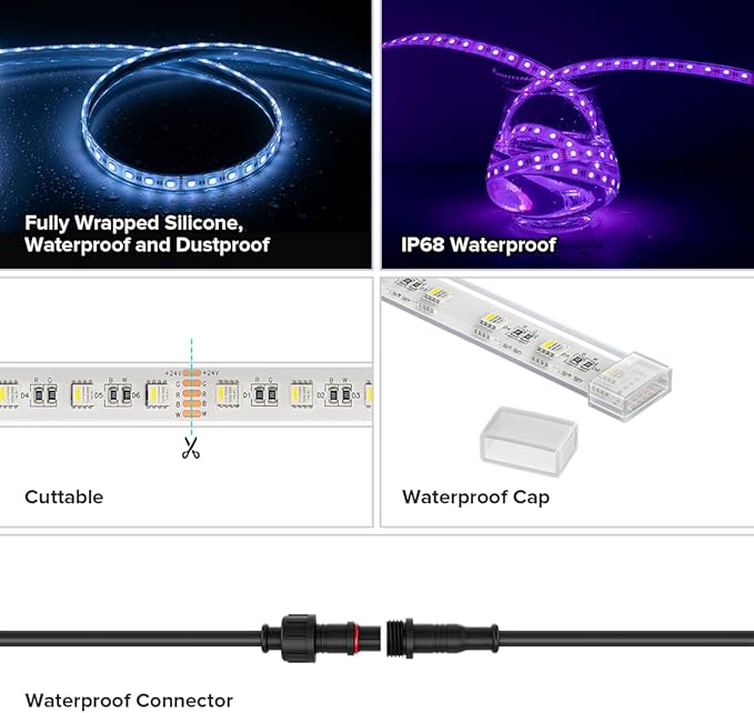 BTF-LIGHTING IP68 Waterproof Outdoor RGBW LED Strip 5050SMD RGB+Cool White(6000K-7000K) 4 Color in 1 DC24V 5m 16.4ft 60LED/m Multi-Colored Light White PCB Can Work Outdoor(No Adapter or Controller)
