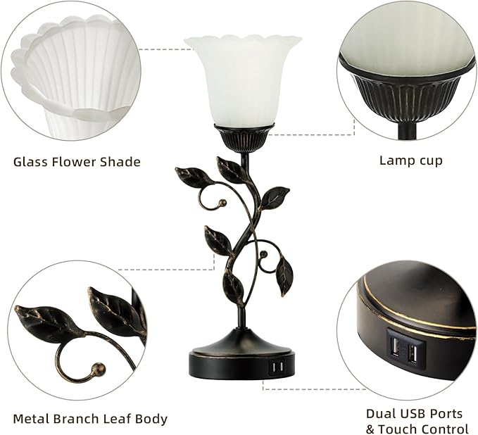 Set of 2 Touch Bedside Vintage Lamps with 2 USB Ports, 3-Way Dimmable Flower Lamps, White Glass Shade Rustic Leaf Lamp for Bedroom Side Table, LED Bulb Included