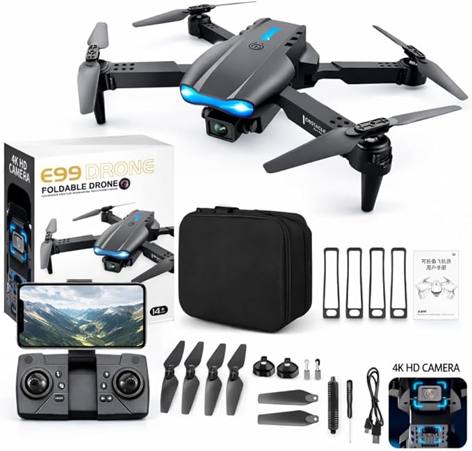 Mini E99 Pro RC Drone with Dual Camera, WiFi FPV, Foldable Design, Brushless Motor, Remote Control, 1 Rechargeable Batteries – Electronic Camera Drone