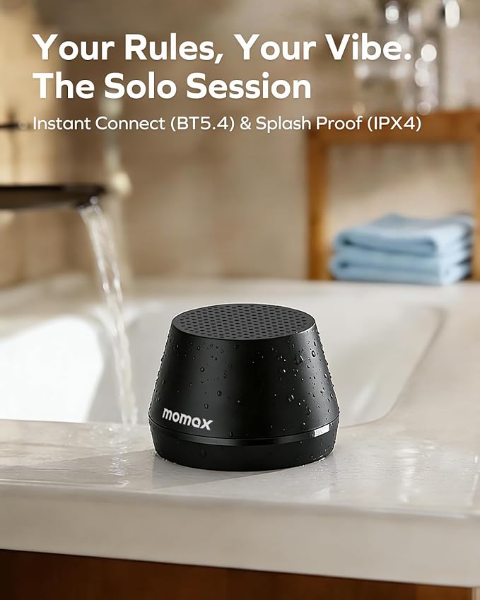 MOMAX Mini Portable Bluetooth Speaker - Magnetic Waterproof Speaker with Balanced Sound, 12H Playtime, Indoor Speaker True Wireless Stereo Pairing for Home, Bedroom, Bathroom, Gift Ideas, Black