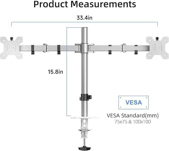Suptek Dual Monitor Desk Mount, Adjustable Dual Monitor Arm for 2 Monitor Screens up to 38 inch, Extra Tall 15.75" Pole Monitor Stand for Desk, Holds up to 22 lbs,Silver(MD9442MS)