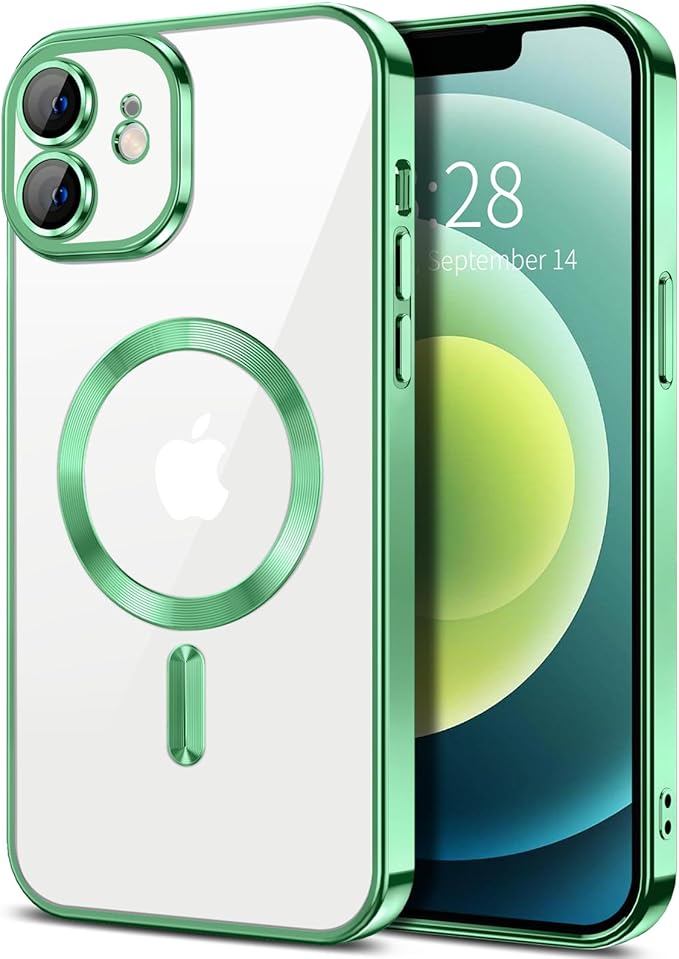 Hython Magnetic Clear for iPhone 12 Case with Camera Lens Protector [Compatible with MagSafe] Luxury Plating Edge Slim Soft TPU Cover Protective Phone Case for iPhone 12 6.1", Light Green