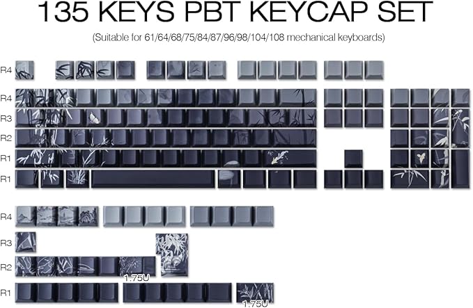 Tsungup PBT Keycaps - Side Print Keycap Set,135 Keys Bamboo Sea Custom Key caps Gradient Grey Shine Through Cherry Profile Keyboard Keycaps for Cherry MX Switches Mechanical Keyboards