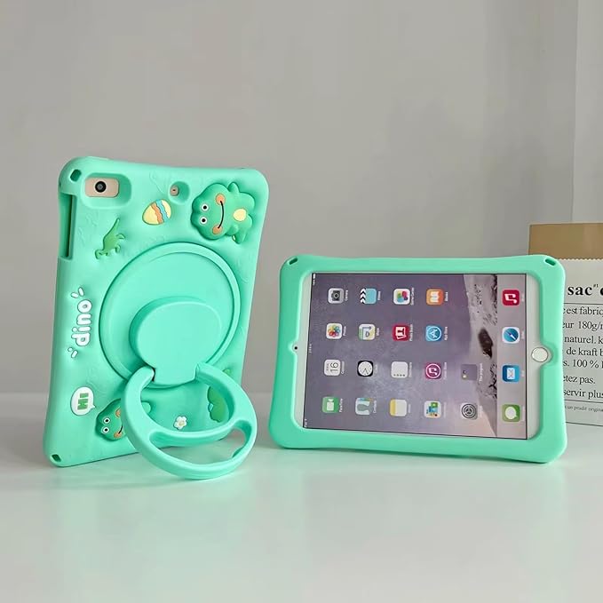 3D Cute Press Dinosaur Case for iPad mini 7 (A17 Pro) 2024/Mini 6 2021 8.3 inch,Kawaii Cartoon Character Pretty Dinosaur Soft Silicone Rotating Stand Case with Lanyard for Kids Teens Girls Women