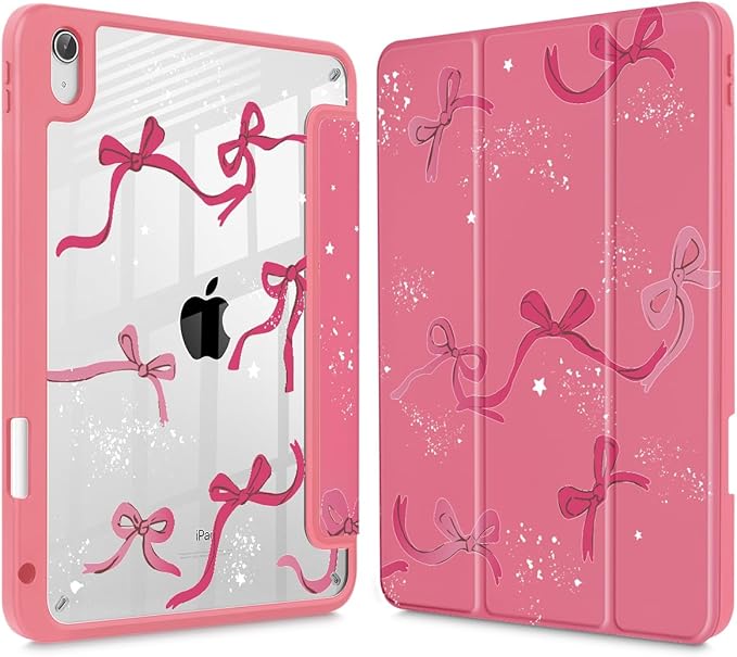 Tuiklol for iPad Pro 11 Inch 4th / 3rd / 2nd / 1st Gen (2022 2021 2020 2018) Case -Built-in Pencil Holder Shockproof Cover Clear Transparent Back Shell with Auto Wake/Sleep, Bow-Watermelon Red