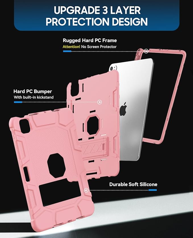 Case for iPad Pro 11 Inch Case (M5 2025/ M4 2024) with Pencil Holder, Built-in Stand, Military Grade Shockproof Protective Cover for iPad Pro 11" (Rose Gold)