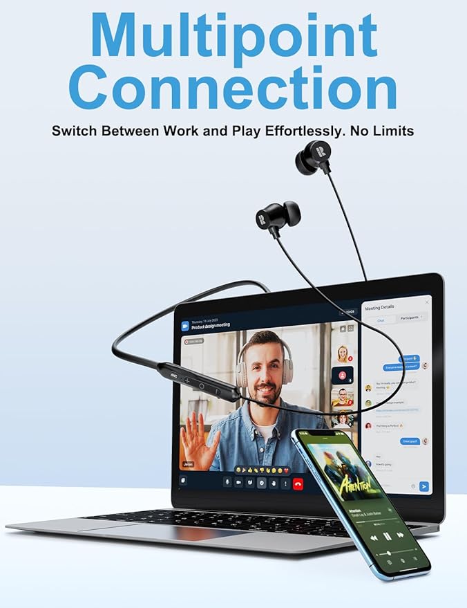 Rythflo Active Noise Cancelling Headphones, Wireless in Ear Neckband Blutooth Headphones with 3 AI Mics ENC, 60Hrs Playtime, V5.3 Multipoint Connection Magnetic Earbuds for Work/Travel/Home/Office