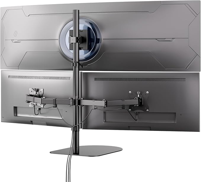 PUTORSEN Freestanding Triple Monitor Mount - Holds 49" Ultrawide Center & 32" Side Screens, 44 lbs Capacity, Extra Tall Pole, VESA 75/100
