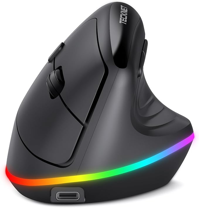 TECKNET RGB Rechargeable Wireless Ergonomic Mouse - USB+Bluetooth Multi-Device LED Vertical Mouse with 11 RGB Backlight Modes, 4800 DPI Adjustable, Ergo Mice for Windows and Mac, Black