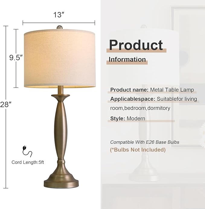 Oneach 28" Warm Gold Table Lamps Set of 2, Modern Bedside Lamps with USB Ports, Tall Nightstand Lamps for Living Room Bedroom End Table Home Office