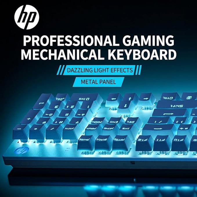 HP Wired Mechanical Keyboard GK400F, 104 Keys Full Size USB Keyboard, Brown Switches, Ice Blue LED Backlit, Anti-Ghosting, Silver & White Keycaps, HP Keyboard for PC Gaming and Office