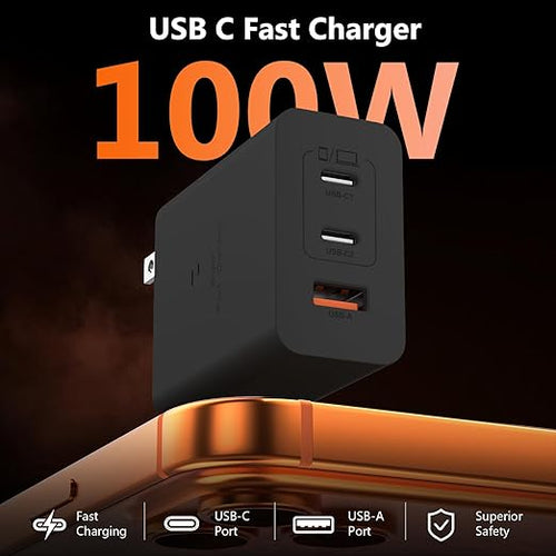 100W USB C Charger for Samsung S26 S25 Ultra, 3-Port GaN Fast Wall Charger with 2 Cables (C-C & A-C), Travel Essentials PD Adapter for MacBook Pro,for iPhone 17 16 15/iPad, Laptop - Black