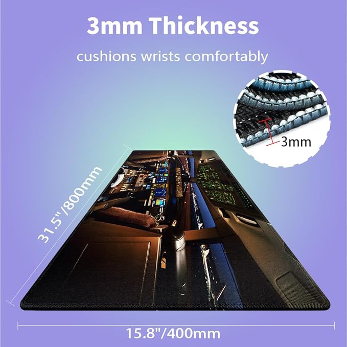 Large Gaming Mouse Pad (31.5" x 15.8") - Airplane Cockpit, Aircraft Flight Deck Design for Boeing 777 Enthusiast XXL Office Accessories, Premium Stitched Anti-Slip Office Desk Mat