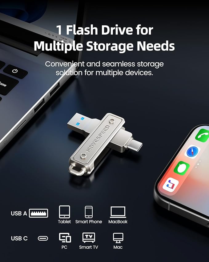 MOVE SPEED 128GB Thumb Drive, 400 MB/s Memory Stick with Type-C + USB 3.2 Gen1 Dual Port, High Speed Pendrive Compatible with 3.1/3.0/2.0 for iPhone 17/16/15 Series, Android, Mac/Pro/Air(1 Pack)