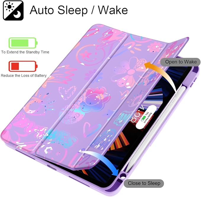 Tuiklol for iPad Pro 11 Inch 4th / 3rd / 2nd / 1st Gen (2022 2021 2020 2018) Case -Built-in Pencil Holder Shockproof Cover Clear Transparent Back Shell with Auto Wake/Sleep, Fun Emotions Purple