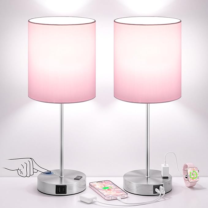 Pink Touch Lamps for Nightstand Set of 2 - Bedside Table Lamp for Bedroom with Dual USB Ports & AC Outlet, 3-Way Dimmable Lamps for Living Room Boys Room, Night Light with 5000K Daylight Bulbs