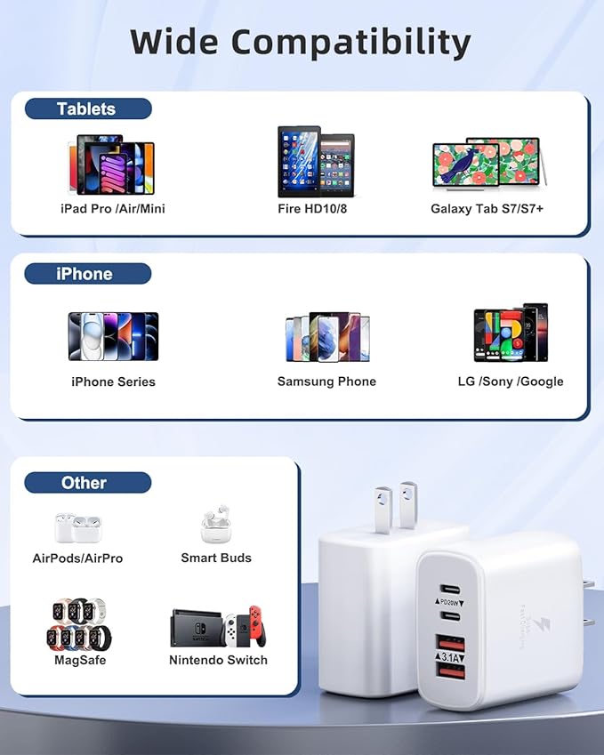 USB C Charger Block, 2-Pack 40W 4-Port Type C Fast Charging Block for iPhone 16 15 14 13 12 Pro Max Plus, iPad,Samsung, Dual PD Power Adapter + QC 3.0 Multi Wall Plug ﻿Charger Box USBC Cube