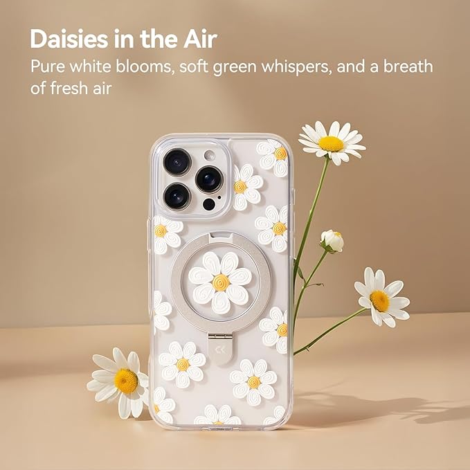 CASEKOO Floral Series Oil Painting Daisy for iPhone 15 Pro Case with Magnetic Ring Stand [Compatible with MagSafe] [Military-Grade Protection] Fashion Clear Back, Soft Edge, for Women