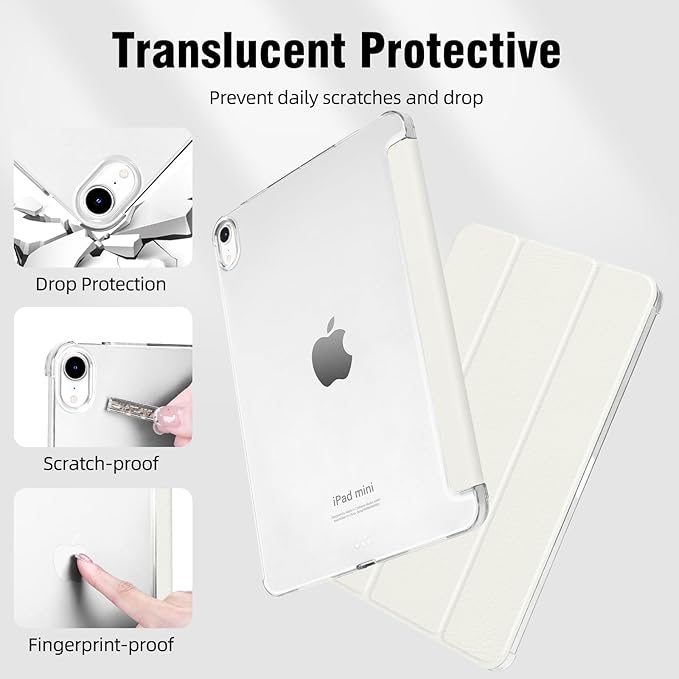 Case for iPad mini 7 (A17 Pro), Slim Smart Trifold Stand for iPad mini 7th/6th Generation 8.3 Inch 2024/2021, Hard PC Translucent Frosted Back Shell Case with Auto Wake/Sleep, White
