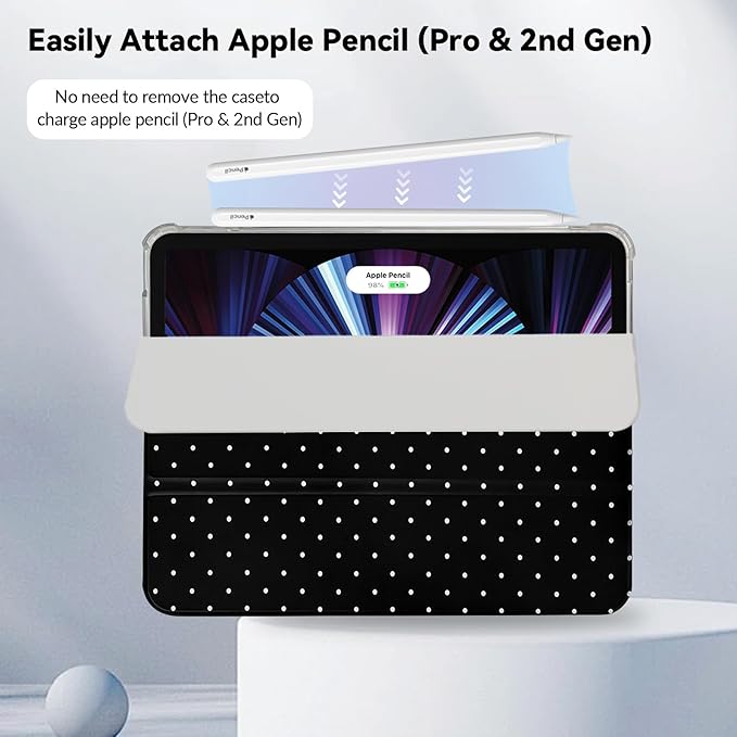 Lovmooful Compatible for iPad Pro 12.9-Inch 2022/2021/2020/2018 (6th/5th/4th/3rd Generation) Case with Pencil Holder Cute Polka Dot with Aesthetic Design Soft TPU Trifold Stand Protective-Black
