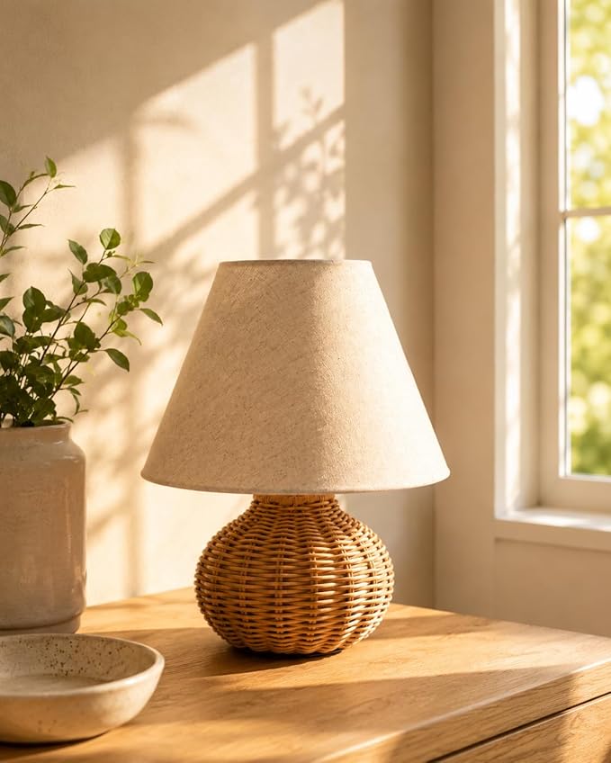 11" Small Mini Wicker Table Lamp, Dimmable Rattan Bamboo Lamp with Off-White Fabric Shade, Boho Accent Light for Nightstand, Nursery, Small Spaces, Kitchen Counter, Bookshelf
