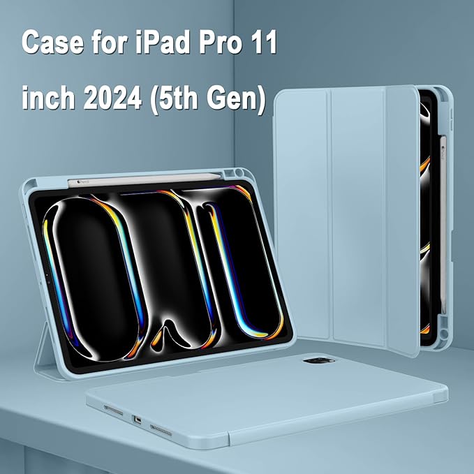 ZryXal iPad Pro 11 Inch Case (M5) 2025/ (M4) 2024 (Model: A2836/A2837/A3006), Trifold Stand Smart Cover with Pencil Holder and Soft TPU Back, Auto Wake/Sleep (New Light Blue)