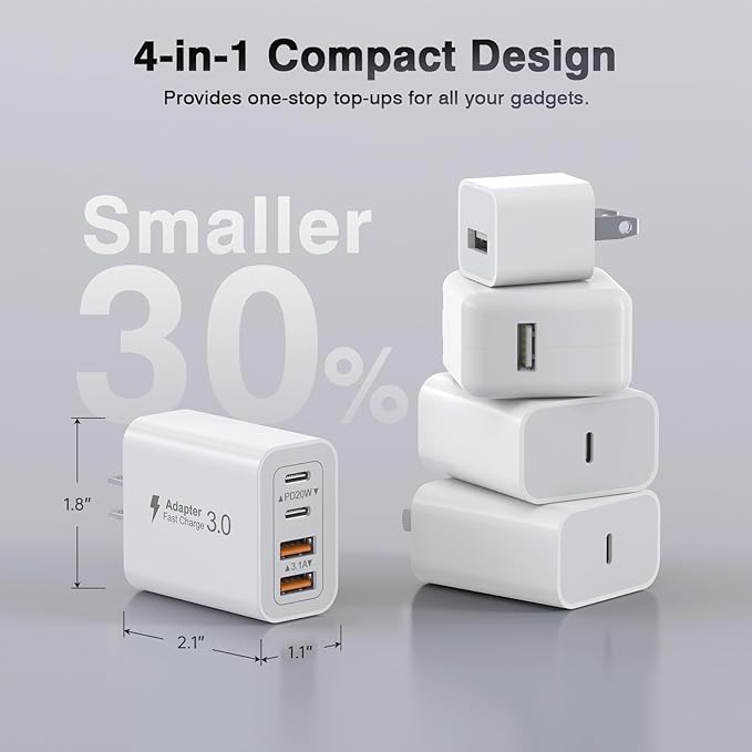 [2-Pack] 40W USB C Charger Block, 2-Pack 4-Port Type C Fast Charging Brick Dual PD&QC Wall Plug Adapter Power Brick for iPhone 13/14/15/16/17/Pro Max/Plus/iPad/Airpods/iwatch/Samsung Galaxy