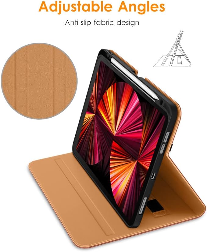DTTO Case for iPad Pro 11 Inch 4th / 3rd / 2nd / 1st Generation 2022/2021/2020/2018,Premium PU Leather Folio Stand Cover with Hand Strap, Auto Wake/Sleep,Multiple Viewing Angles, Brown