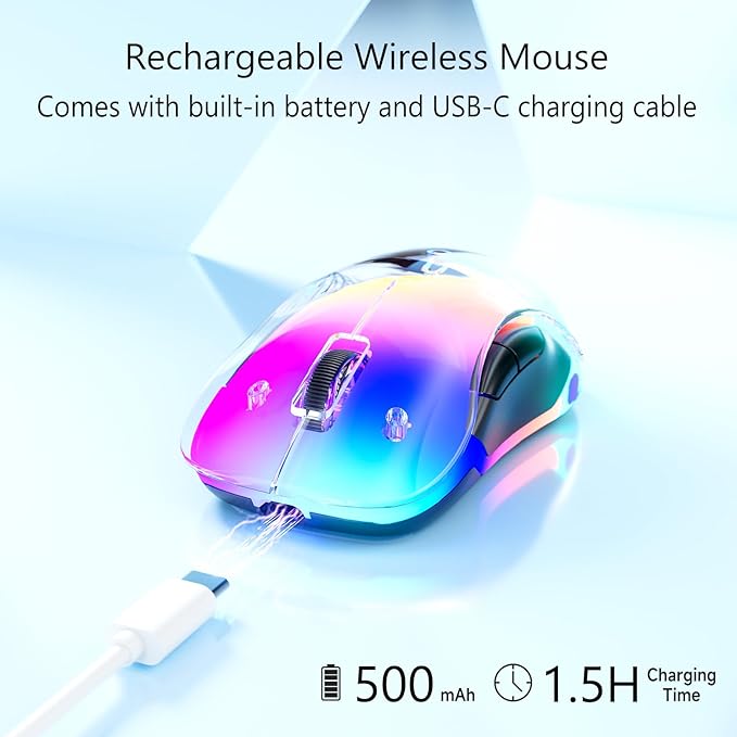 memzuoix 2.4G Wireless Mouse with Customizable Cover & 9-Color LED - Rechargeable Ergonomic, 1200 DPI, 5 Buttons, USB Receiver for PC/Mac - White