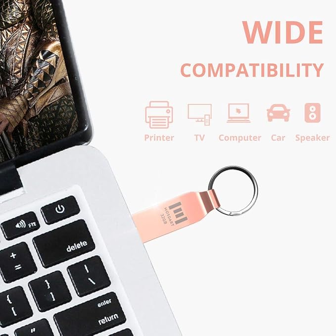 MOSDART Waterproof 32GB USB2.0 Flash Drive, FAT32 Metal Memory Stick with Keychain, for System Back, Data Storage, Rose Gold