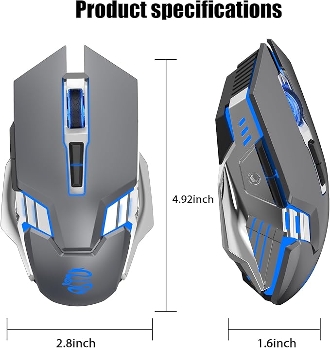Bluetooth Gaming Mouse, RGB Rechargeable USB Wireless Mouse, Quiet Click, LED Backlit, Ergonomic, with Side Button, 6 Button, DPI Adjustable, Computer Mice for Laptop PC MacBook Chromebook - Grey