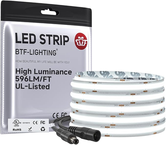 BTF-LIGHTING FCOB COB LED Strip 6000K 596+LM/FT Super Bright UL Listed DC24V 16.4FT 480LED/m 10mm Width Flexible High Density CRI 90+ Dimmable LED Light for Home Indoor Decor(No Controller or Adapter)