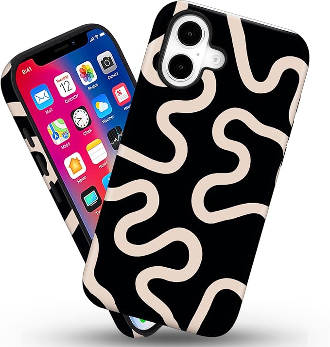 Magnetic for iPhone 17 Case Cute Curved Stripes Phone Case, Shockproof Slim TPU and Hard PC Protective Phone Cover Compatible with MagSafe Designed for Women Girls,Black