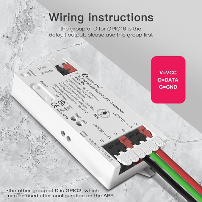GLEDOPTO ESP32 WLED LED Strip Controller with Mic Microphone Music Dynamic Mode RGB IC DIY Lighting App Easy Wiring for WS2811 WS2812 SK6812 TM1814 WS2813 WS2815 Addressable FCOB Strip Light
