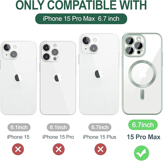 Hython Magnetic Clear for iPhone 15 Pro Max Case with Camera Lens Protector [Compatible with MagSafe] Plating Edge Slim Soft TPU Cover Protective Phone Case for iPhone 15 Pro Max 6.7", Matte Mint