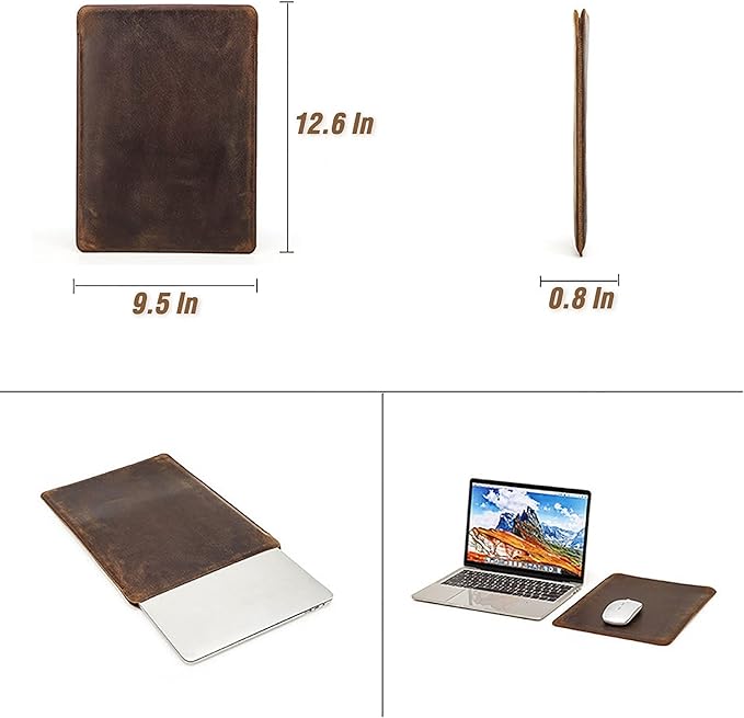 Top Grain Leather 13.3" Slim Laptop Sleeve Case Protector, Minimalist Vintage Design, Handmade, Compatible with MacBook Pro 13.3" MacBook Air M1/M2 ZENBOOK 13.3" & other PC, Coffee 13.3 Inch