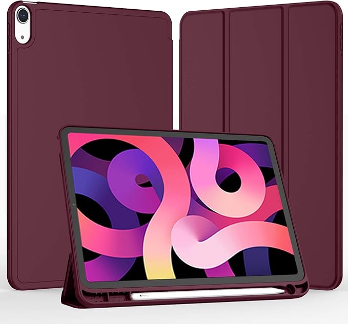 iMieet iPad Air 11 Inch Case M4/M3/M2(2026/2025/2024), iPad Air 5th/4th Generation Case 2022/2020 10.9 Inch with Pencil Holder,Trifold Stand Smart Case with Soft TPU Back(Wine)