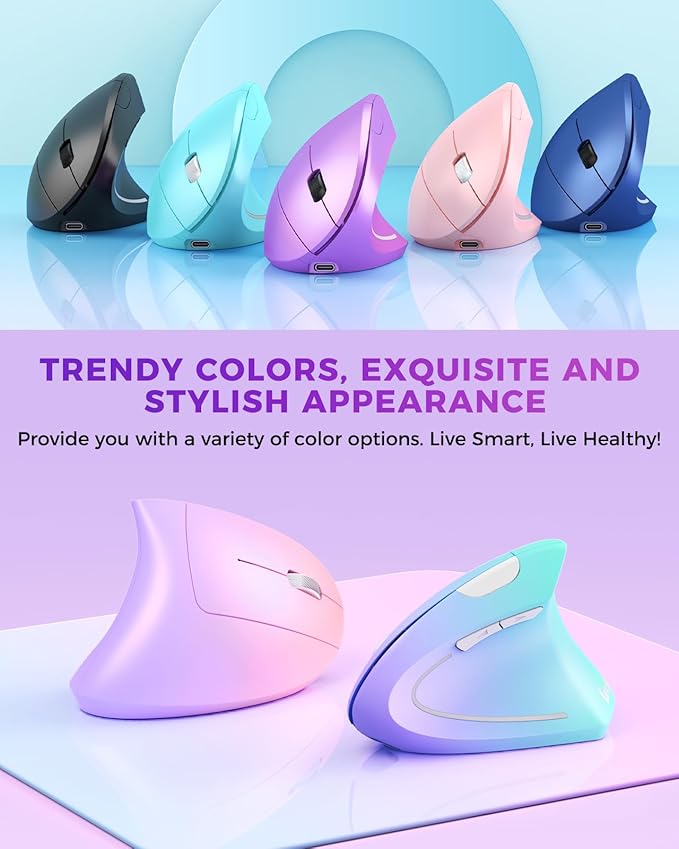 Lekvey Ergonomic Mouse, Wireless Vertical Mouse Rechargeable 2.4 GHz Optical Carpal Tunnel Mice : 800/1200 / 1600 DPI, 6 Buttons, for Laptop, PC, Mac, Computer, Desktop, Notebook etc, Purple
