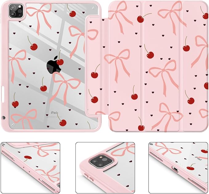 Mektron Case for iPad Pro 11 inch (4th, 3rd, 2nd & 1st Gen) 2022 2021 2020 2018, Buit in Pencil Holder with Shockproof Cover Clear Shell + Auto Wake/Sleep, Pink Bows-Hearts