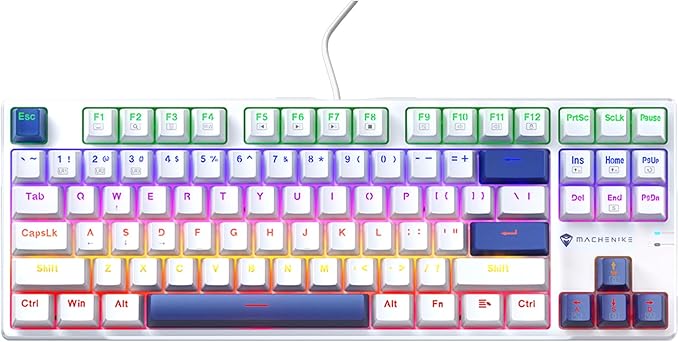 Machenike K500B-B87 75% TKL Mechanical Wired Gaming Keyboard, 87 Keys Compact Hot Swappable Linear Red Switch with Number Pad, Dynamic RGB Backlit, Anti-Ghosting, Double-Shot PBT Keycaps, White/Blue