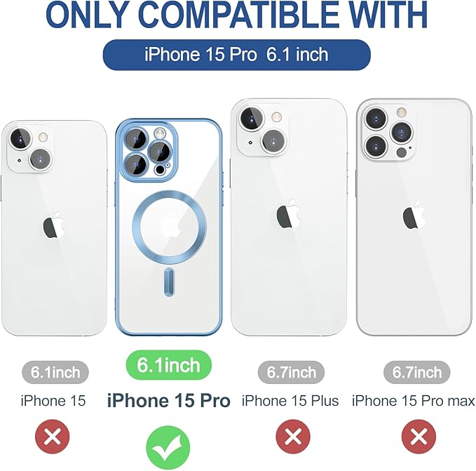 Hython Magnetic Clear for iPhone 15 Pro Case with Camera Lens Protector [Compatible with MagSafe] Luxury Plating Edge Slim Soft TPU Cover Protective Phone Case for iPhone 15 Pro, Matte Light Blue